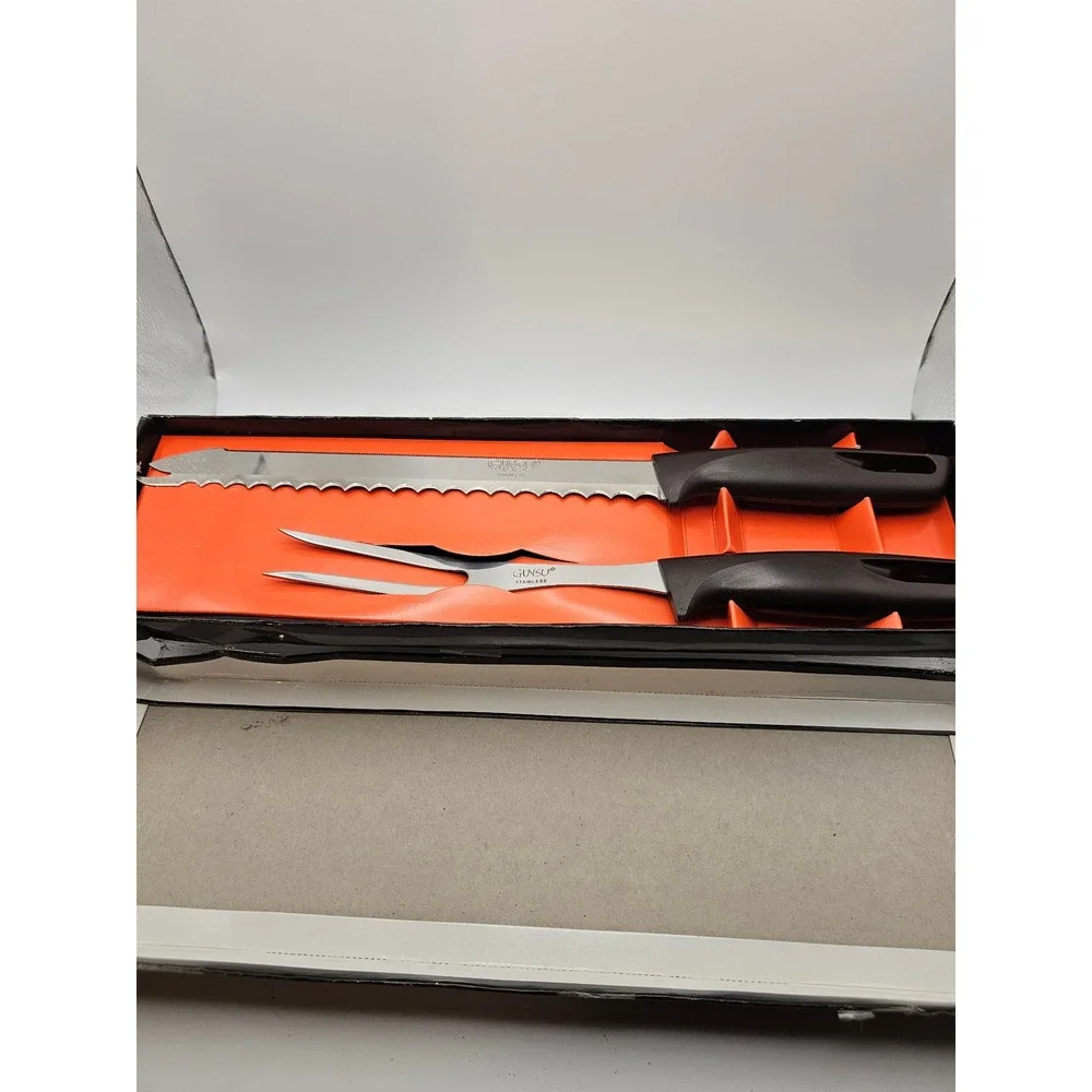 Vintage Ginsu Kitchen Kutlery 2 Piece Carving Set Stainless Slicer Knife Fork